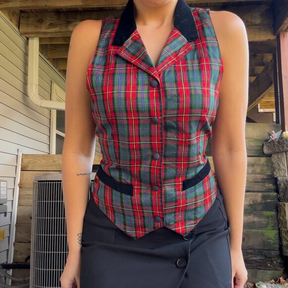 Vintage Plaid Velvet Trim Vest - Picture 1 of 7